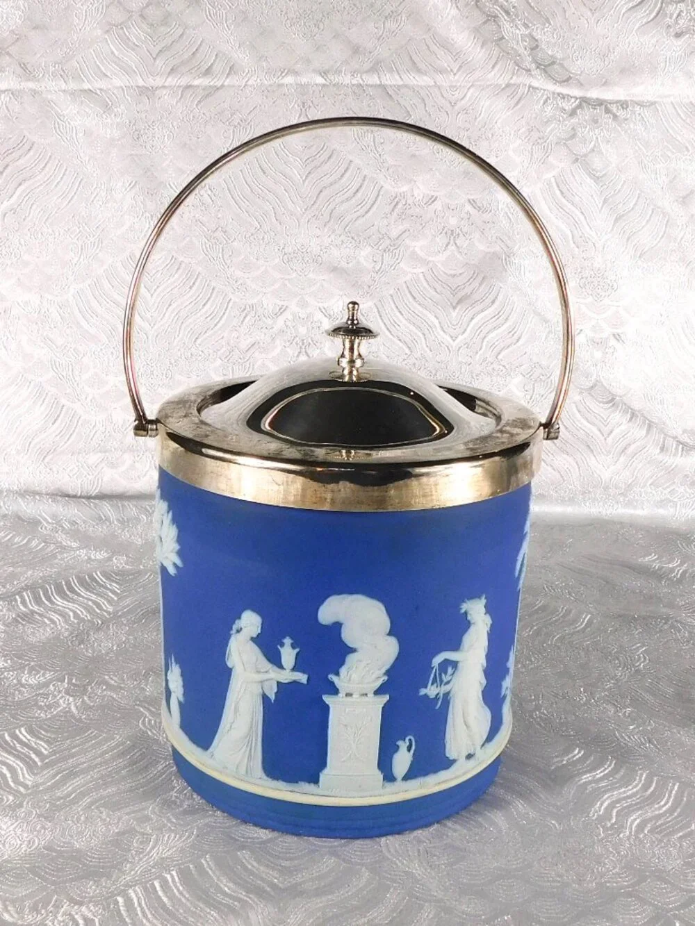 Wedgwood Cream on Dark Blue Jasperware Biscuit Barrel with Lid # 27806